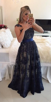 New Arrival Navy Blue Straps Lace Up Beading and Appliques and Belt Evening Dress Sleeveless