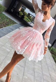 Elegant Lace and Appliques Prom Evening Gown Pink Long Sleeves Mini Length