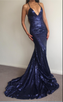 Modest Halter Top Sleeveless Sweep Train Criss Cross Prom Homecoming Dress Navy Blue Sequined Sequins