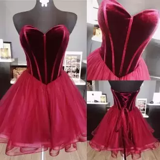 Deluxe Burgundy A-line Sweetheart Sleeveless Tulle Mini Length Lace Up Ruching Prom Homecoming Dress