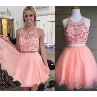 Cute Peach Sleeveless Tulle Prom Dress for Prom and Party and Military Ball