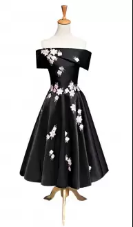 Customized Black A-line Satin Off The Shoulder Sleeveless Appliques Tea Length Lace Up Hoco Dress