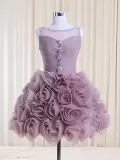 Sleeveless Mini Length Beading and Ruffles and Hand Made Flower Lace Up Prom Dresses with Purple