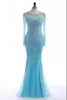 Designer Scoop Long Sleeves Aqua Blue Tulle Prom Dress See Through Neck