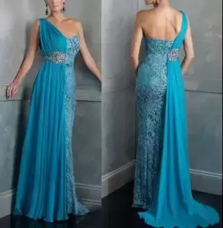 Artistic Blue Sleeveless Floor Length Beading Zipper Prom Dress One Shoulder