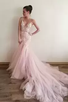 Pink Sleeveless Sweep Train Beading and Lace Floor Length Evening Dress