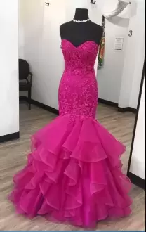 New Style Sleeveless Organza and Tulle Floor Length Sweep Train Lace Up Prom Party Dress in Hot Pink with Beading and Lace