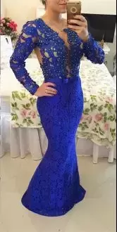 Royal Blue V-neck Neckline Beading Prom Homecoming Dress Long Sleeves Lace Up