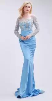 Glamorous Mermaid Prom Dresses Baby Blue Scalloped Satin Long Sleeves Floor Length Zipper