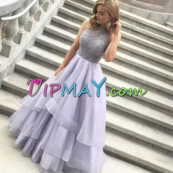 Lilac Sleeveless Satin and Organza Sweep Train Illusion Evening Dress for Prom and Homecoming