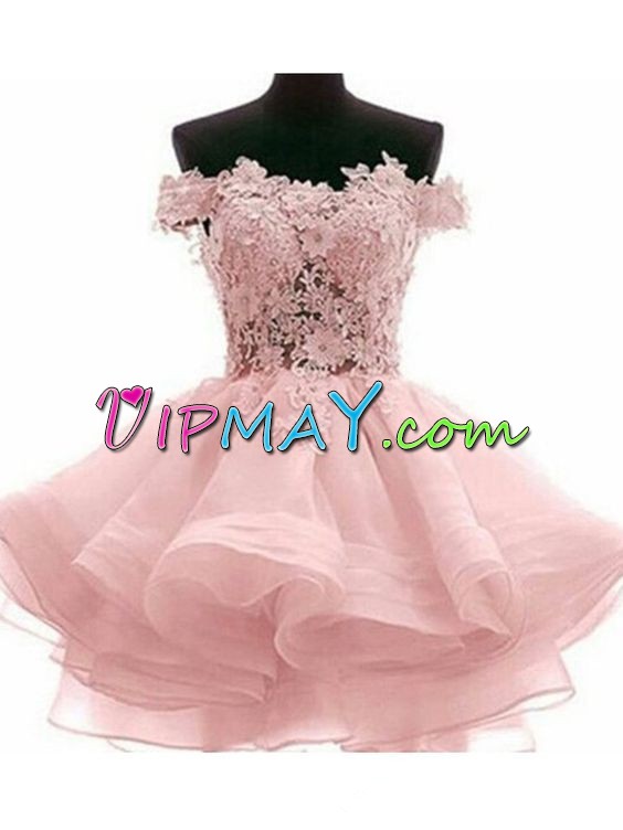 Pink Sleeveless Mini Length Lace Lace Up Prom Evening Gown Off The Shoulder