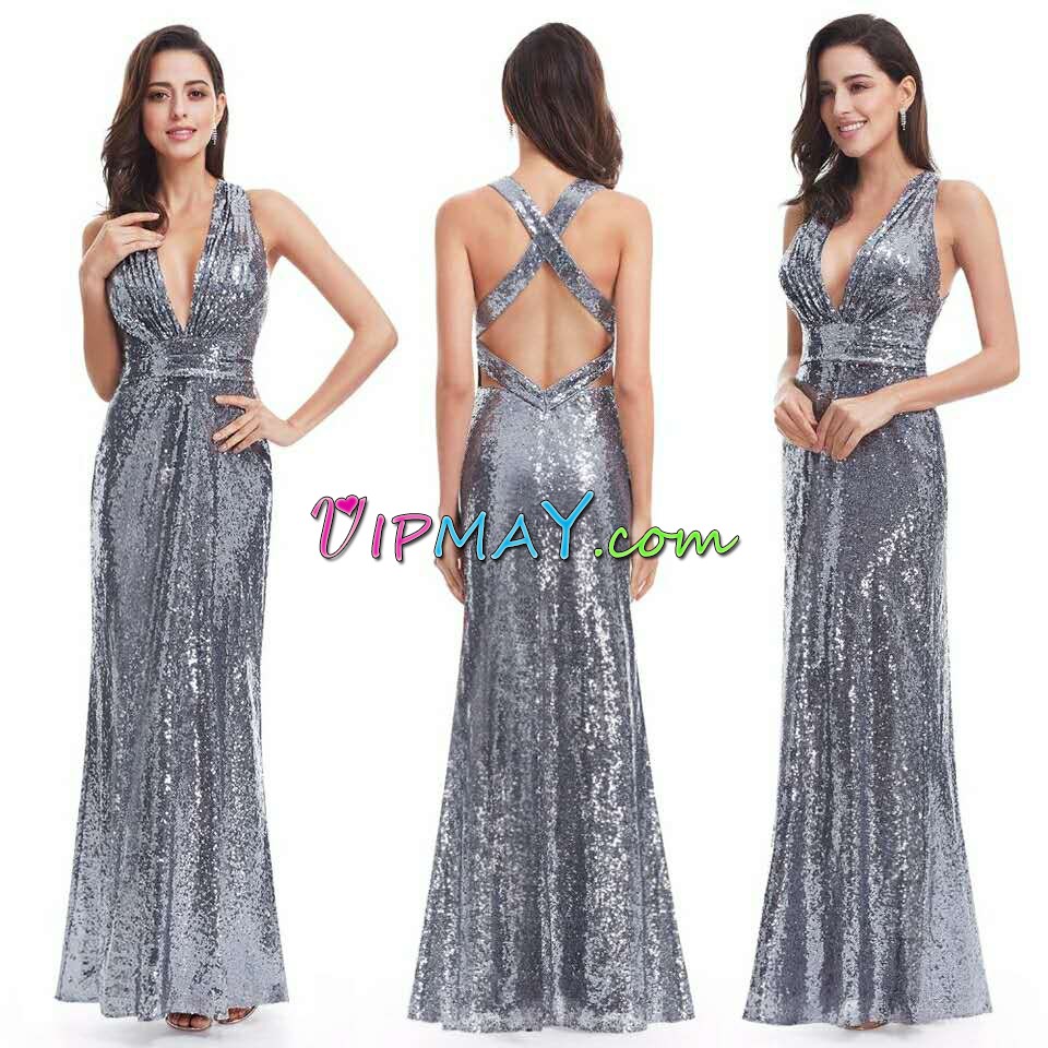 V-neck Sleeveless Criss Cross Prom Evening Gown Silver Sequined Sequins
