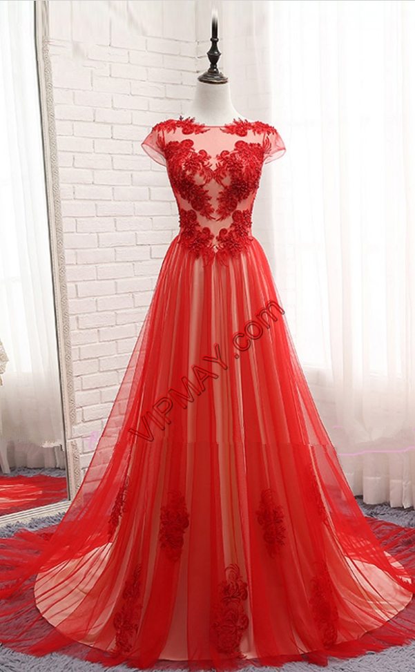 Zipper Evening Dress Red for Prom and Party with Appliques Brush Train