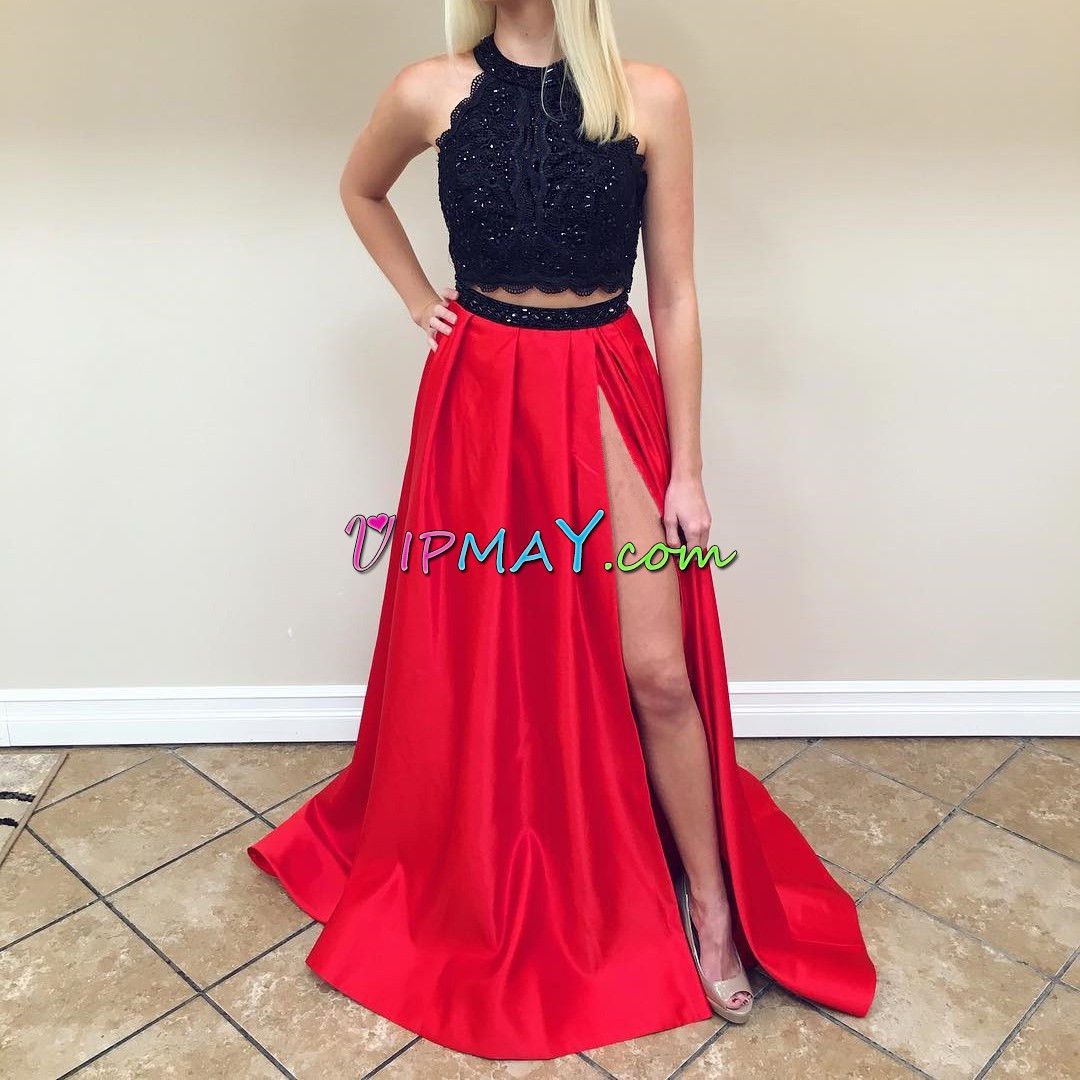Custom Made Two Pieces Sleeveless Red And Black Dress for Prom Sweep Train Zipper