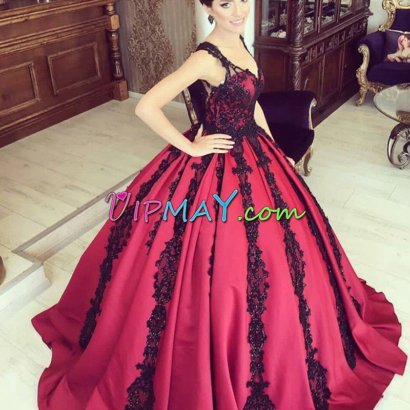 Fantastic Red Satin Lace Up Homecoming Dress Sleeveless Floor Length Lace and Appliques