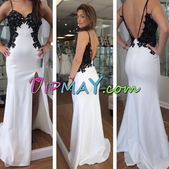 Appliques White Backless Sleeveless Sweep Train Prom Dress