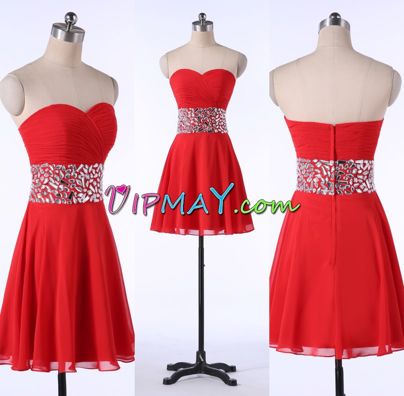 Red Zipper Sweetheart Beading Prom Dress Chiffon Sleeveless