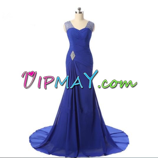 Beauteous Straps Sleeveless Chiffon Prom Dresses Beading and Ruching Brush Train Lace Up