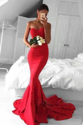 Red Sleeveless Silk Like Satin Prom Homecoming Dress for Prom and Party