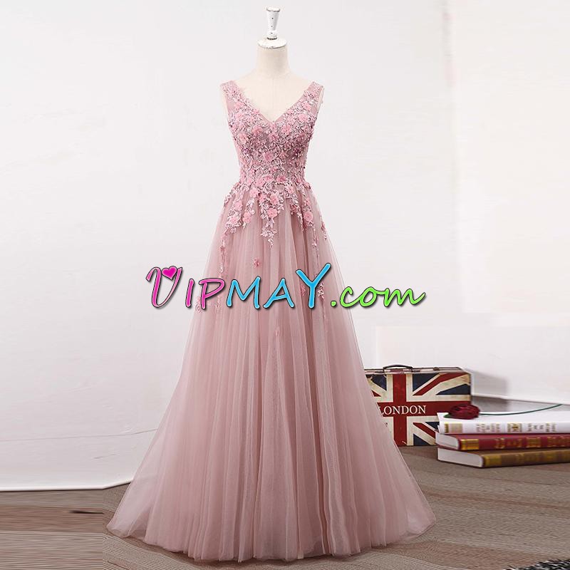 Pink A-line Hand Made Flower Homecoming Dress Online Lace Up Tulle Sleeveless Floor Length