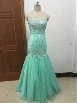 Apple Green Mermaid Sweetheart Sleeveless Chiffon Floor Length Lace Up Beading and Lace Prom Dresses