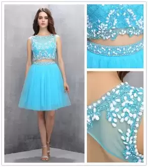 Top Selling Turquoise A-line Scoop Sleeveless Tulle Mini Length Backless Beading Evening Dress