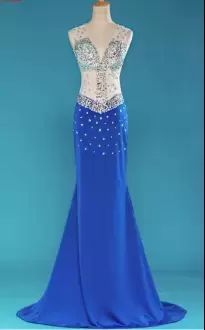 Luxury Blue Chiffon Backless Formal Evening Gowns Sleeveless Sweep Train Beading