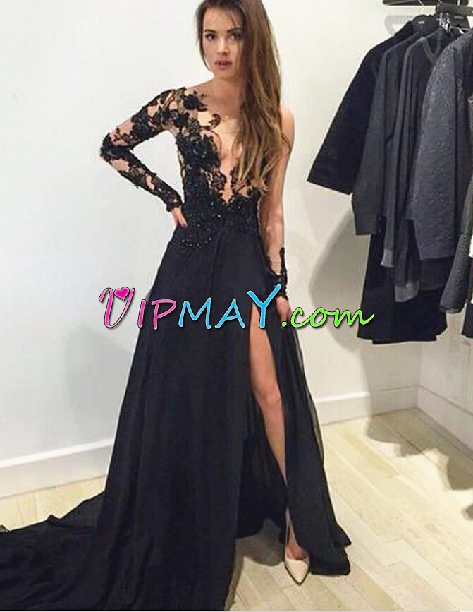 Black A-line Chiffon V-neck Long Sleeves Appliques Lace Up Homecoming Dress Sweep Train