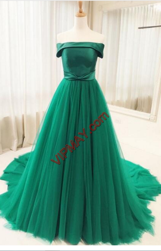 Romantic Dark Green A-line Strapless Sleeveless Tulle Floor Length Lace Up Belt Prom Dress