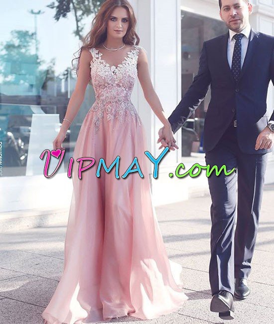 Pink A-line V-neck Sleeveless Chiffon Sweep Train Lace Up Appliques Homecoming Dresses