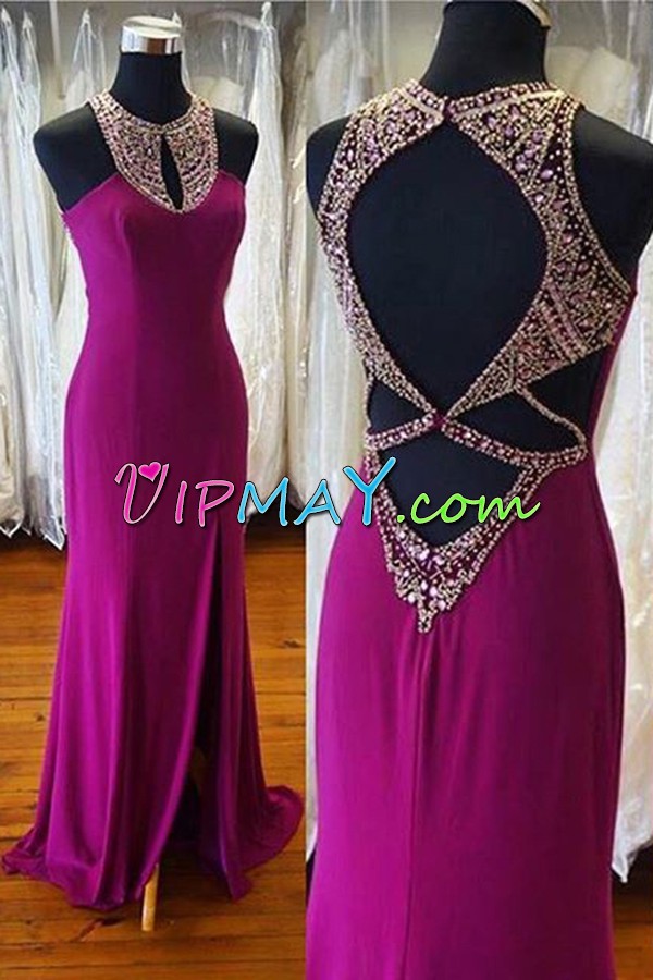 Purple Chiffon Backless Homecoming Dress Online Sleeveless Floor Length Beading