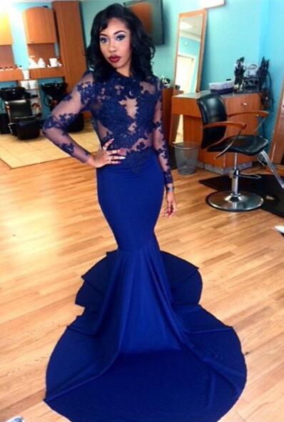Customized Sweep Train Mermaid Homecoming Gowns Royal Blue High-neck Satin Long Sleeves Lace Up