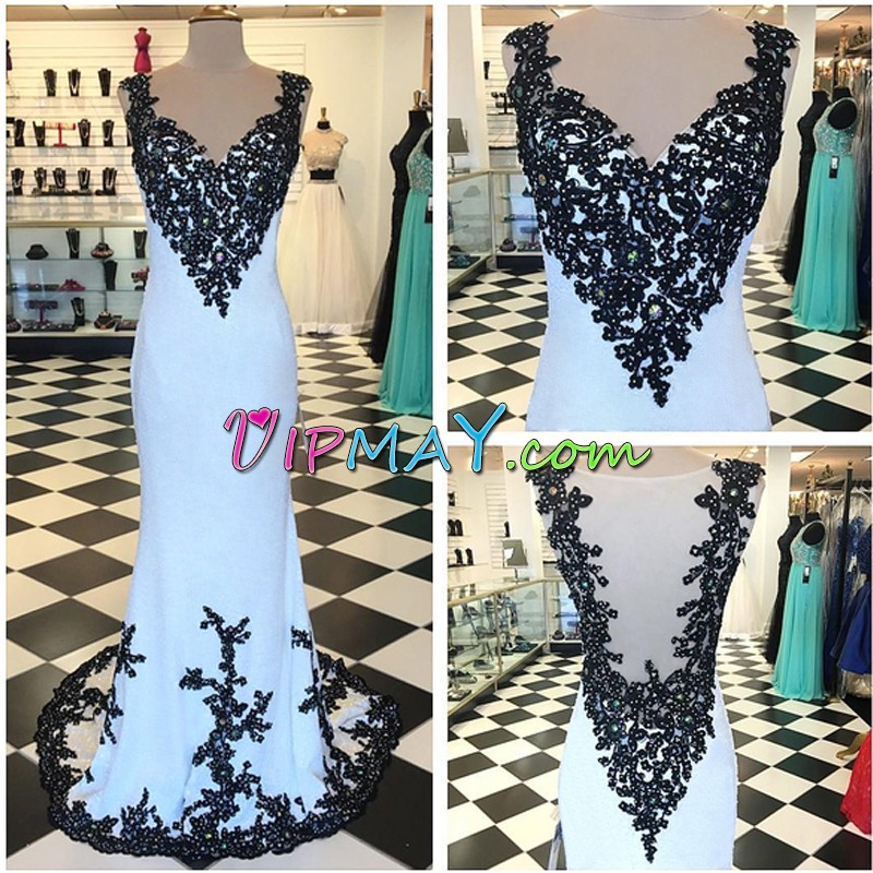 High Class V-neck Sleeveless Backless Dress for Prom Black and Light Blue Chiffon Lace