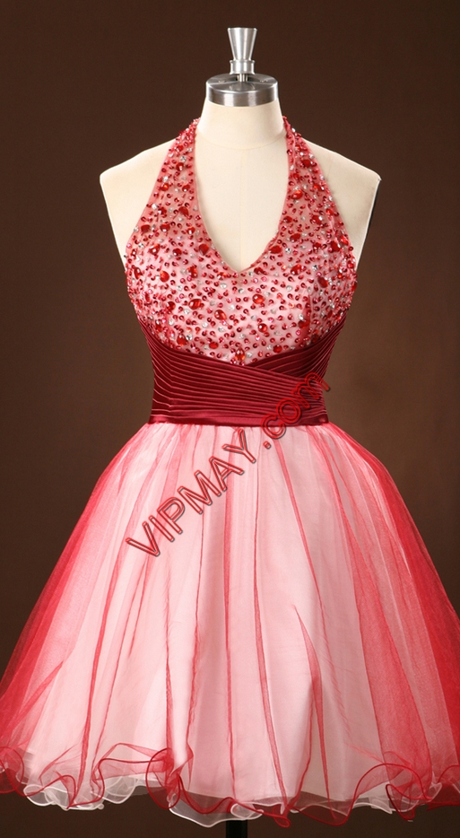 Glittering Red Halter Top Backless Beading Prom Party Dress Sleeveless