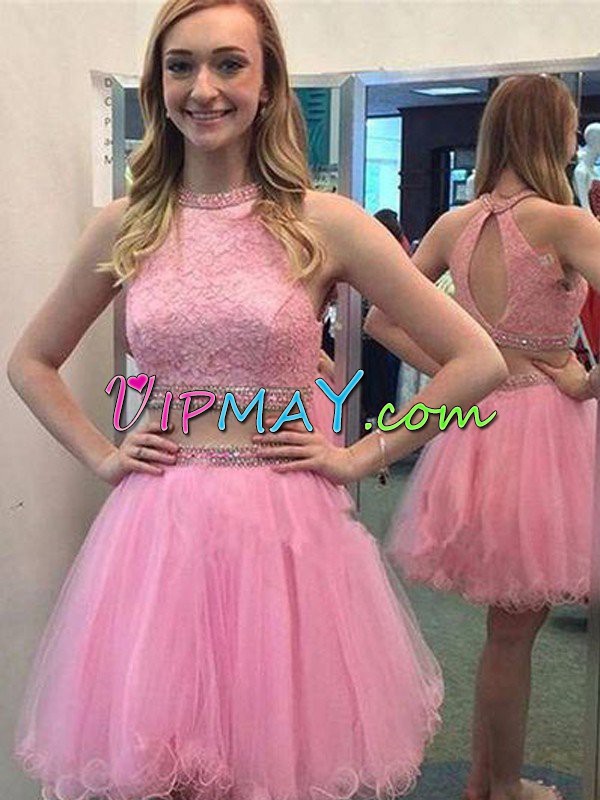 Sleeveless Organza Mini Length Backless Prom Evening Gown in Pink with Beading