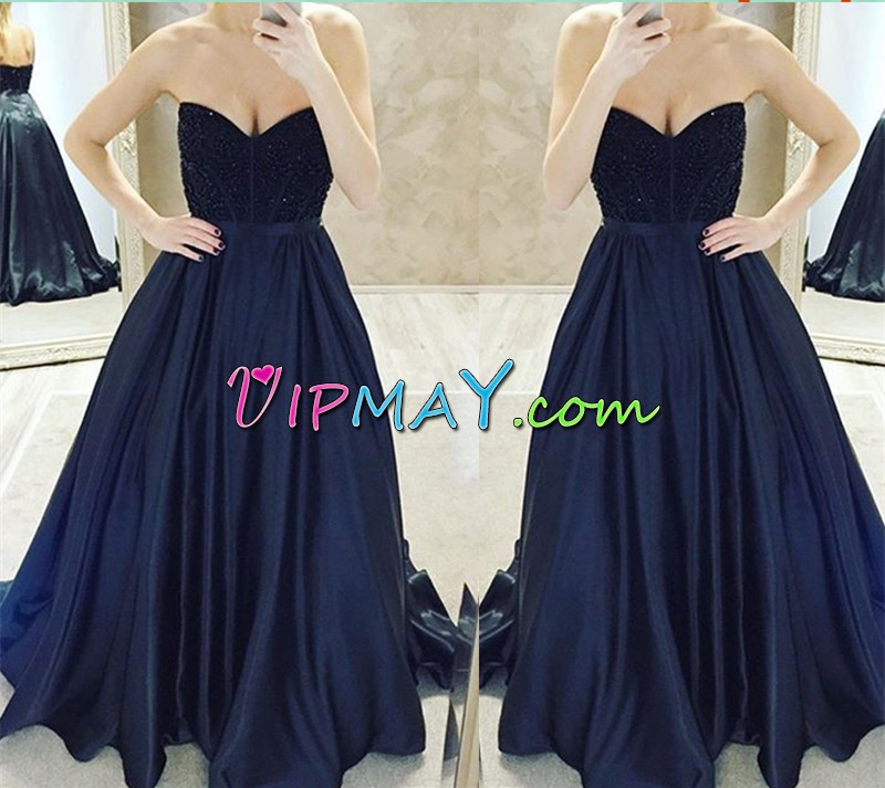 Cute Beading Navy Blue Lace Up Sleeveless Sweep Train