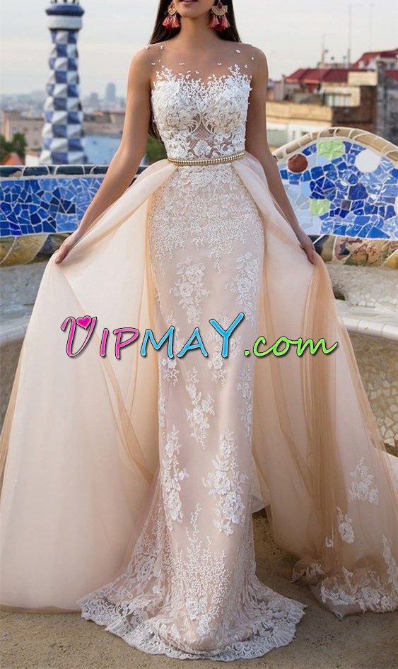Extravagant Scoop Sleeveless Chiffon Prom Gown Lace and Appliques