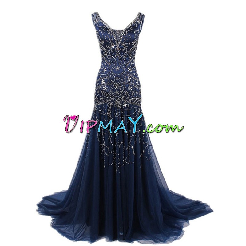 Chic Tulle Spaghetti Straps Sleeveless Sweep Train Lace Up Beading Evening Dress in Navy Blue