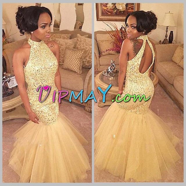 Suitable Scoop Sleeveless Backless Prom Dress Yellow Tulle Sequins