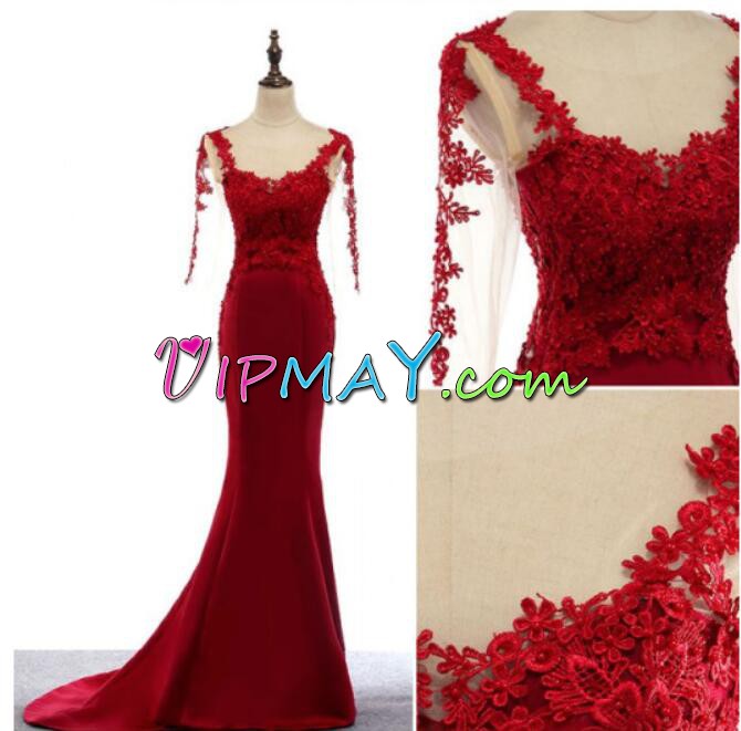 Red Long Sleeves Lace and Appliques Zipper Prom Dresses Scoop