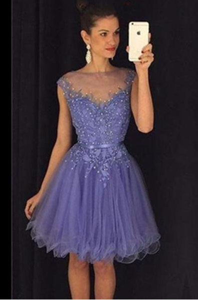 Lace and Appliques Prom Party Dress Purple Sleeveless Knee Length