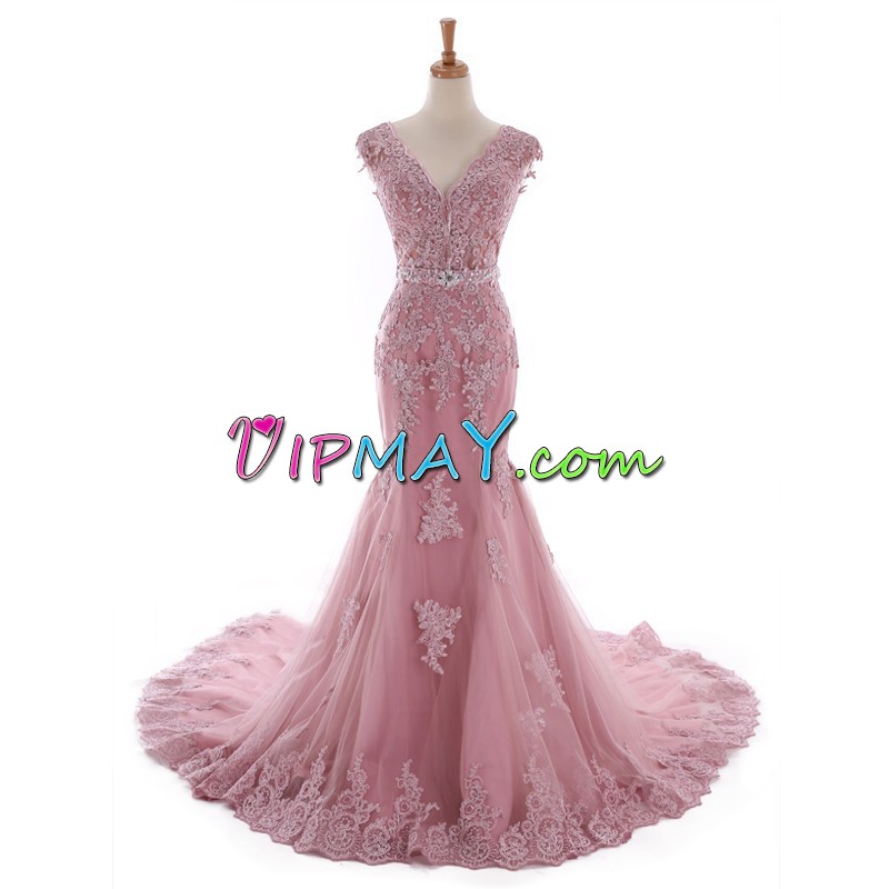 Shining Pink Dress for Prom V-neck Cap Sleeves Brush Train Lace Up