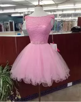 High End Pink Homecoming Dress Prom and Party with Beading and Lace Scoop Sleeveless Lace Up