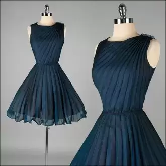 Navy Blue Chiffon Lace Up Scoop Sleeveless Mini Length Prom Dress Beading