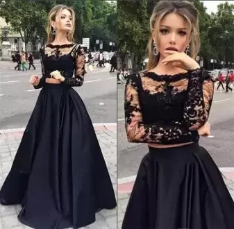 Noble Scalloped Long Sleeves Prom Dresses Floor Length Appliques Black Satin