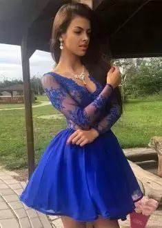 Elegant Royal Blue Ball Gowns V-neck Long Sleeves Chiffon Mini Length Lace Homecoming Dresses