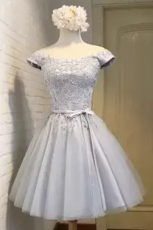 Scoop Cap Sleeves Prom Gown Mini Length Beading and Appliques and Belt Silver Tulle