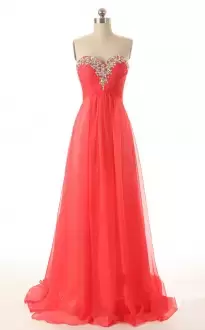 Traditional Floor Length Watermelon Red Going Out Dresses Satin and Chiffon Sweep Train Sleeveless Beading and Lace