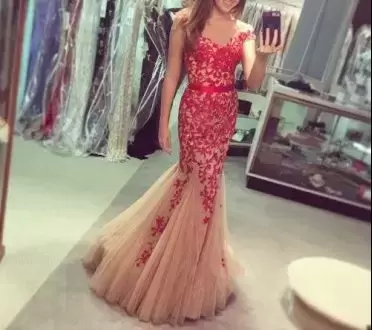 Ideal Champagne Mermaid Tulle Scoop Sleeveless Lace Floor Length Junior Homecoming Dress