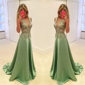 Dazzling Sleeveless Floor Length Appliques Lace Up with Green Sweep Train
